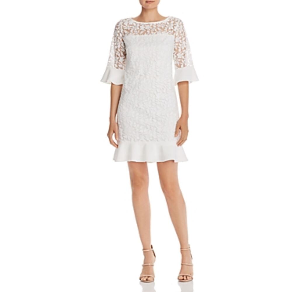 Adrianna Papell White Lace Boat Neck Ruffled Mini Sheath Cocktail Dress Size 6